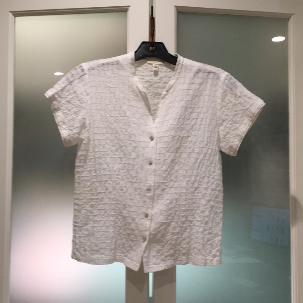 Eileen Fisher white cotton short sleeve blouse